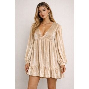 Free People Estella Rose Pearl Velvet Babydoll Long Sleeve Mini Dress Medium